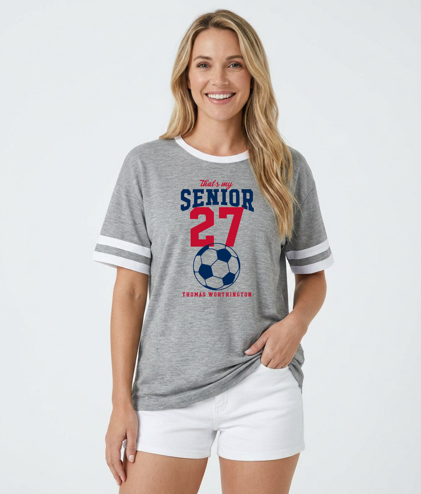 TWHS Girls Soccer "That's My Senior" PERSONALIZED Women's Varsity Ringer Tee