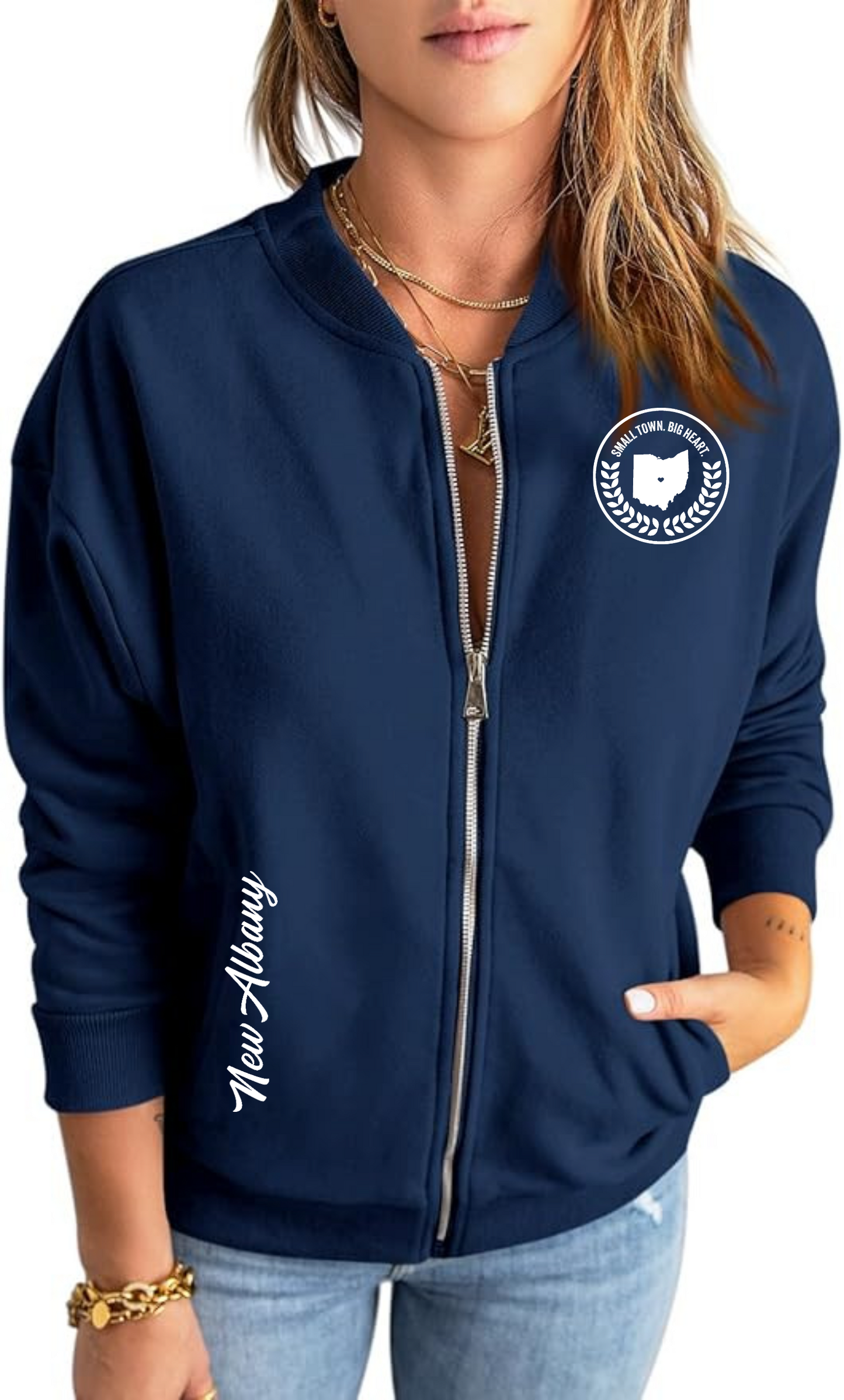 'New Albany, Small Town Big Heart" Women’s Bomber Lightweight Fleece Jacket