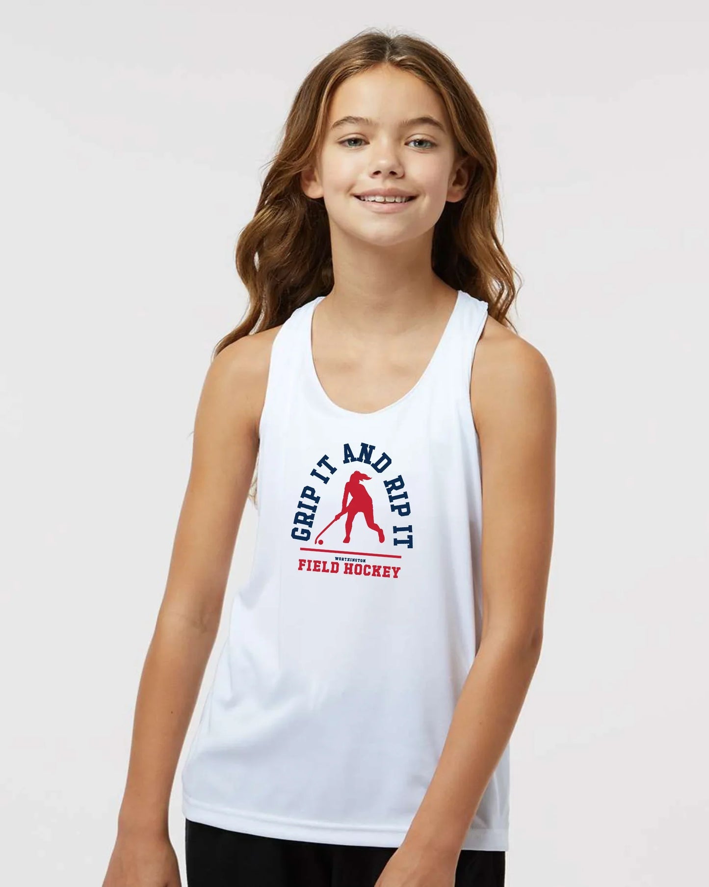 Worthington Field Hockey "GRIP IT AND RIP IT" Girl's Racerback Tank - Varsity92