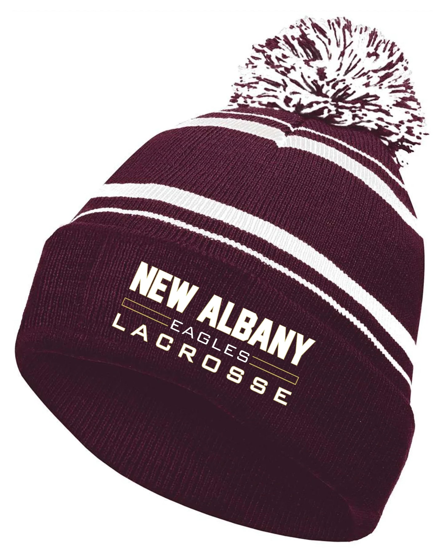 "New Albany Eagles Lacrosse" Striped Pom-Pom Cuffed Embroidered Beanie - Varsity92