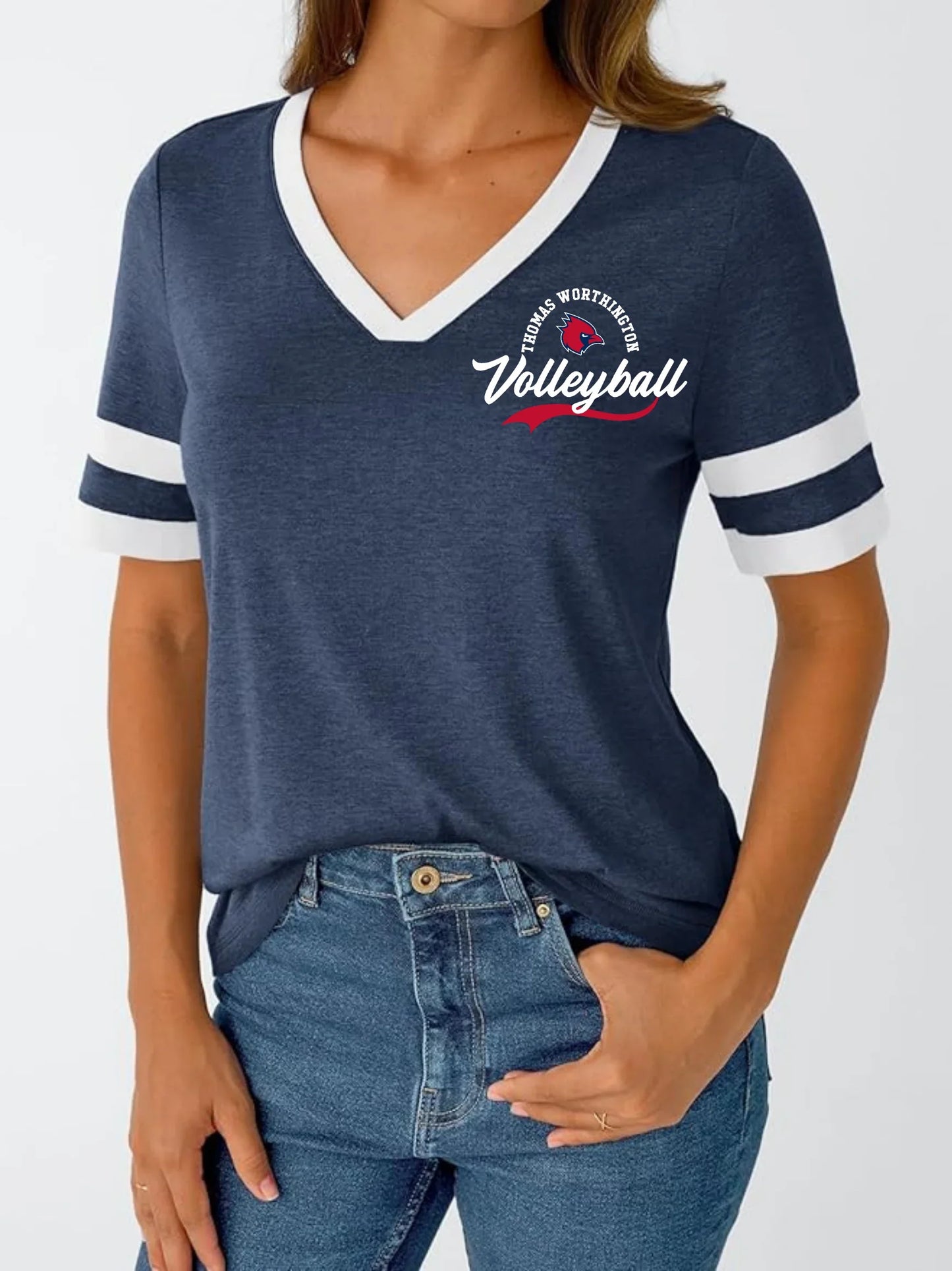 "Thomas Worthington Volleyball" Script Women’s V Neck Tee - Varsity92