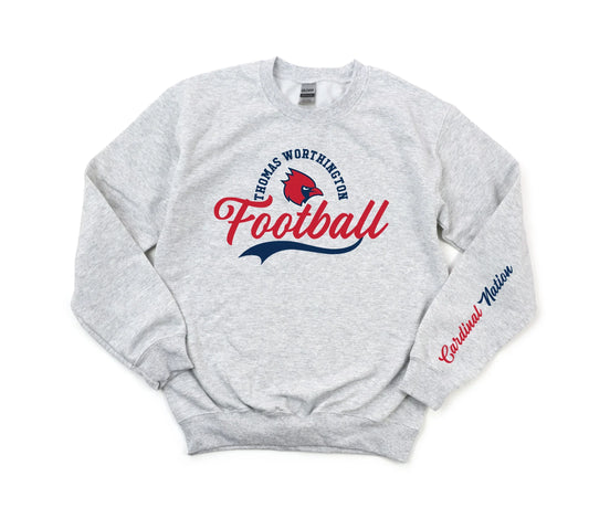 “Thomas Worthington Football" Script with "Cardinal Nation" Sleeve Unisex Crew Sweatshirt (youth sizes available)
