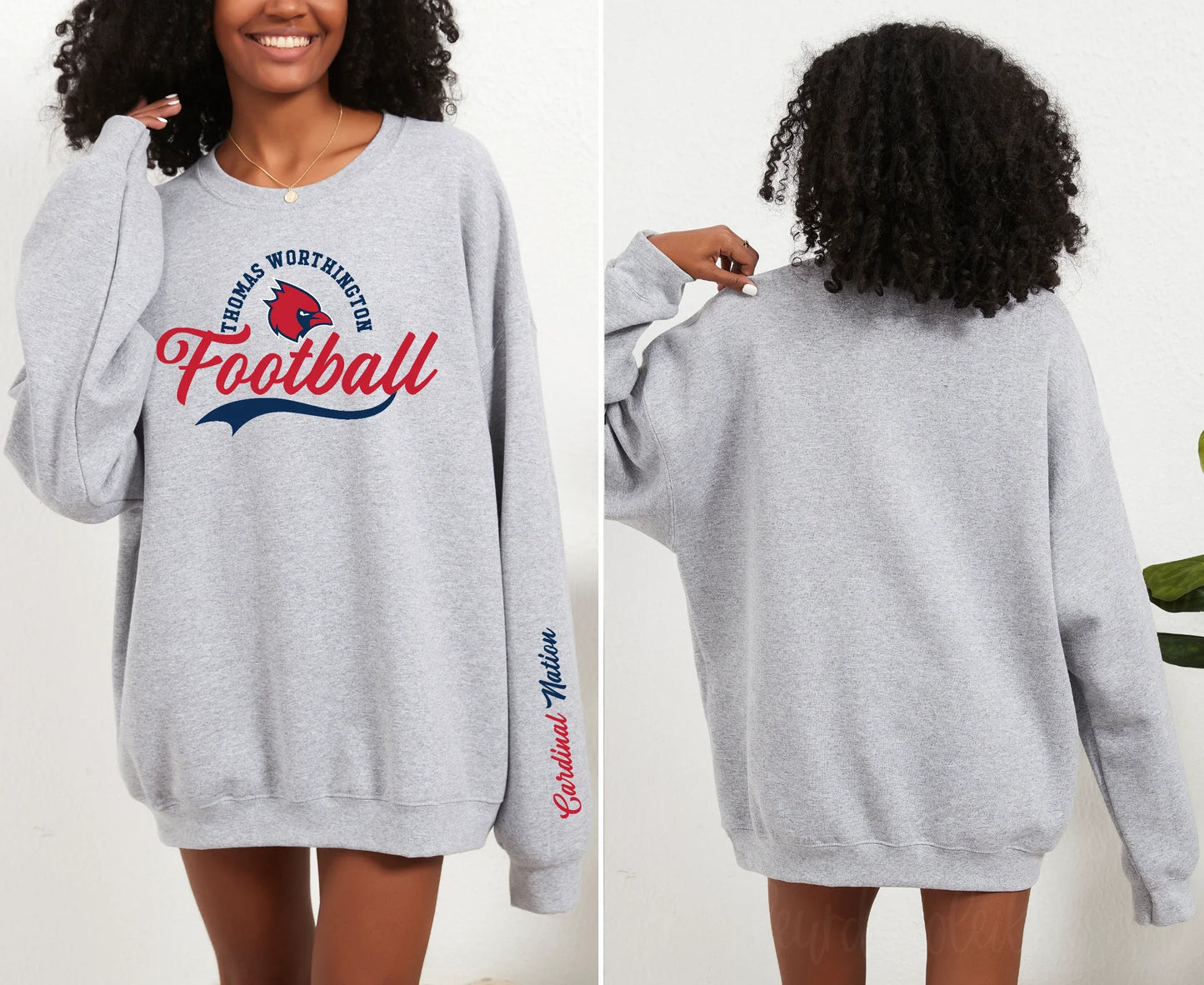 “TW Football script with Cardinal Nation Sleeve” Unisex Crew Sweatshirt (youth sizes available)