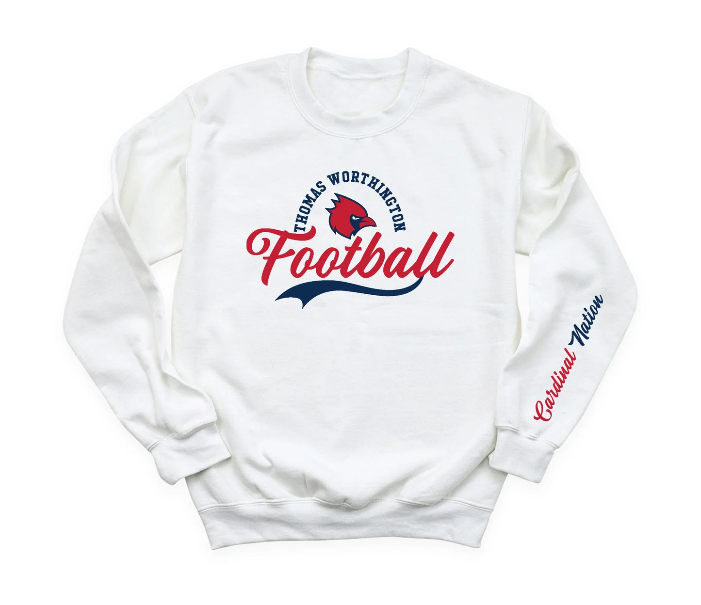 “TW Football script with Cardinal Nation Sleeve” Unisex Crew Sweatshirt (youth sizes available)