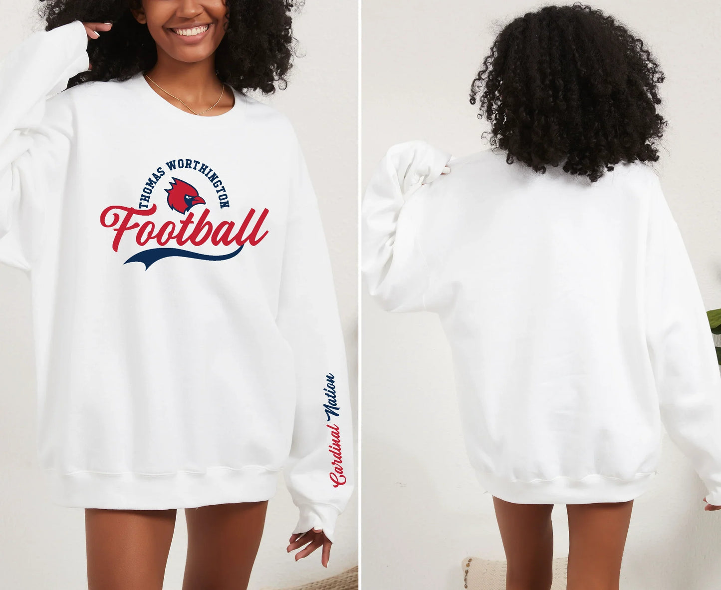 “TW Football script with Cardinal Nation Sleeve” Unisex Crew Sweatshirt (youth sizes available)