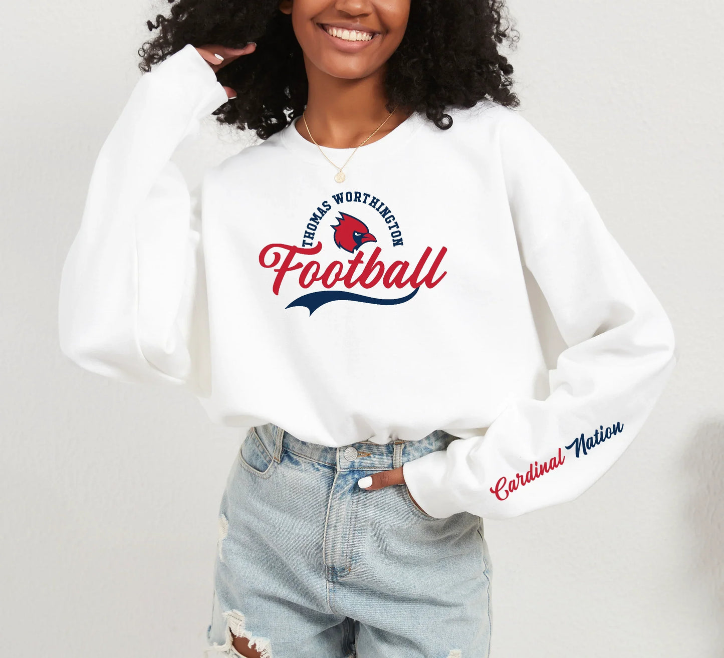 “TW Football script with Cardinal Nation Sleeve” Unisex Crew Sweatshirt (youth sizes available)