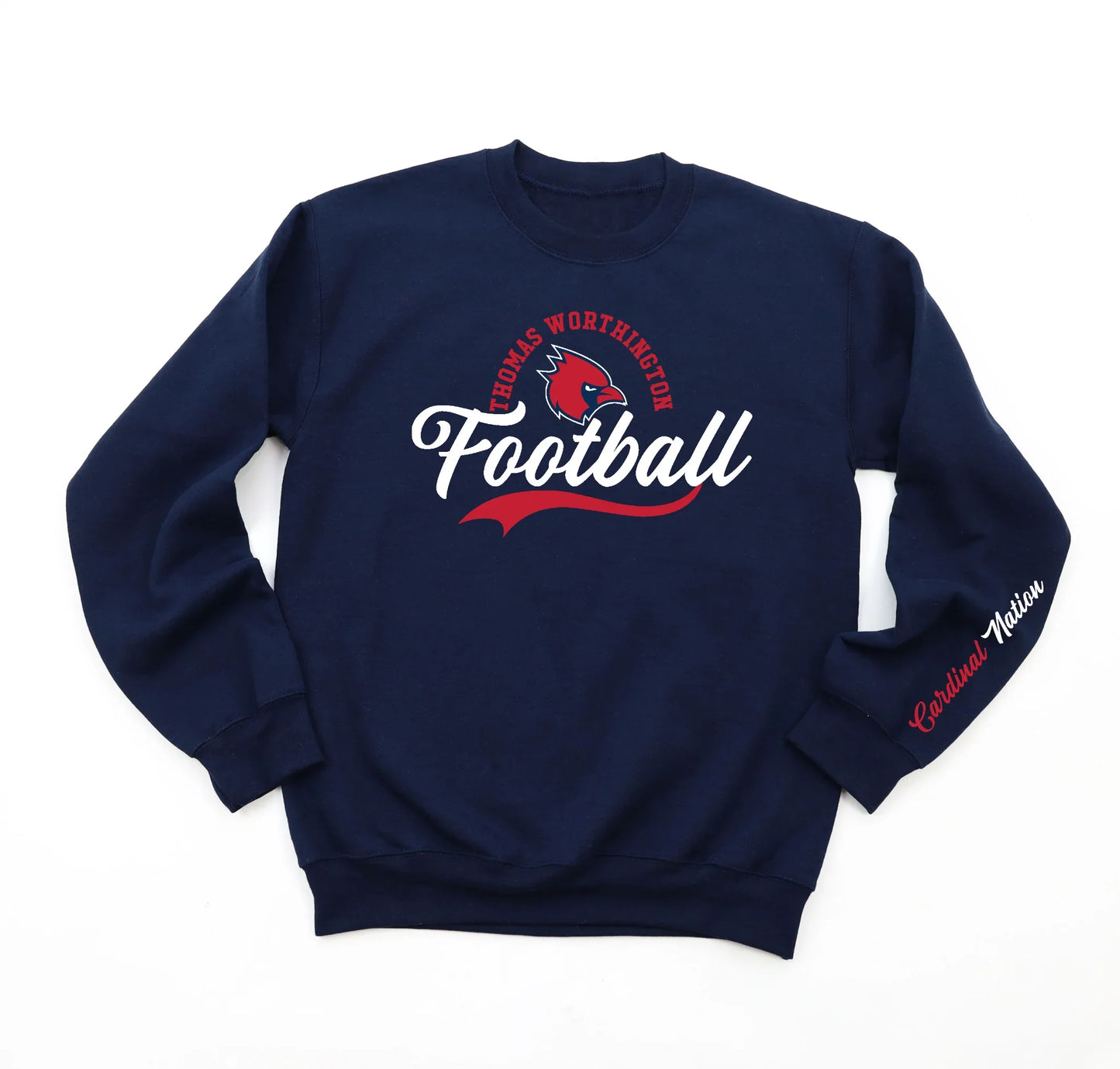 “TW Football script with Cardinal Nation Sleeve” Unisex Crew Sweatshirt (youth sizes available) - Varsity92