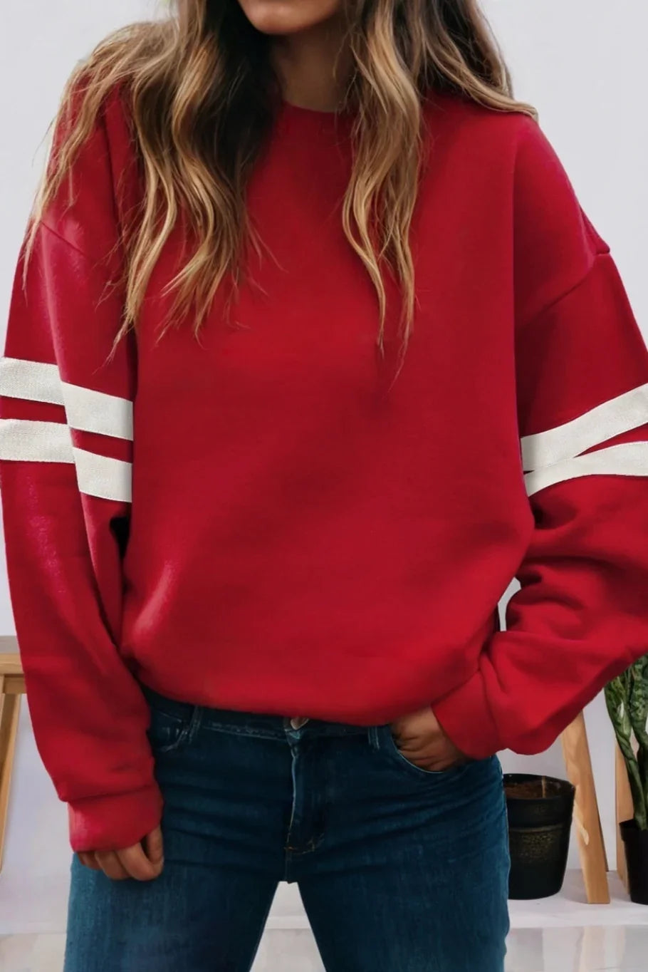 Thomas Worthington "Cardinal + Hockey Sticks" Women’s Varsity Striped Oversized Sweatshirt - Varsity92