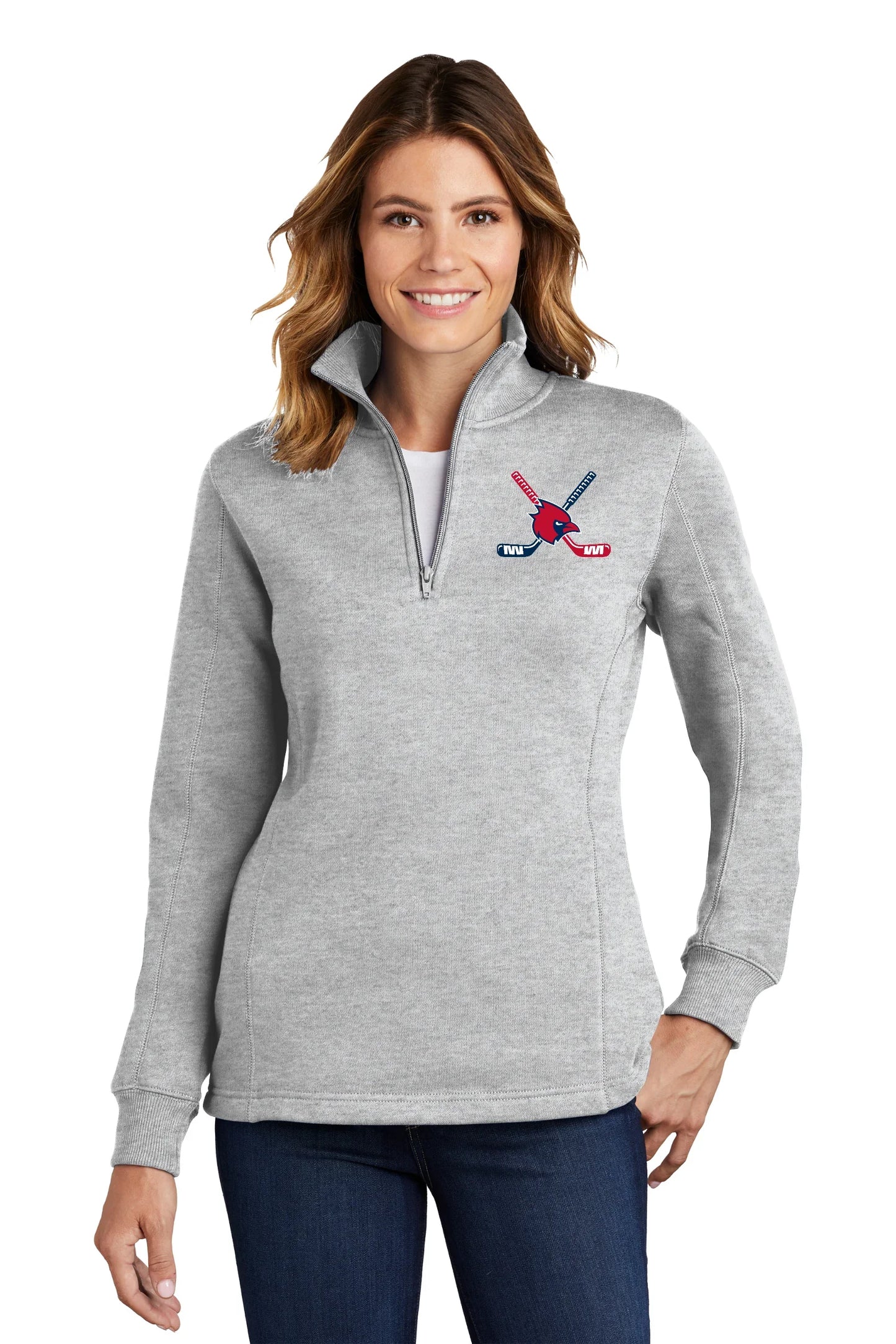 Thomas Worthington “Cardinal + Hockey Sticks” Embroidered Women’s Quarter Zip Sweatshirt - Varsity92