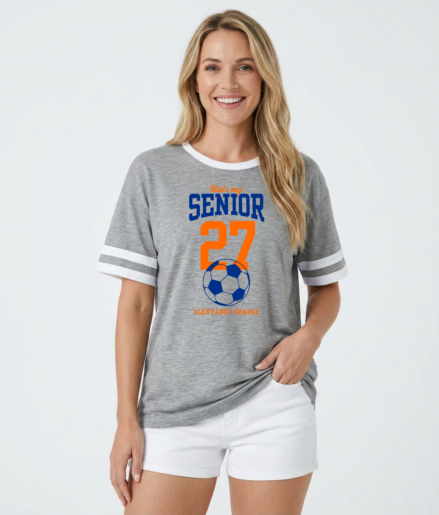 "That's my Senior" PERSONALIZED Women's Varsity Ringer Tee — Olentangy Orange Soccer