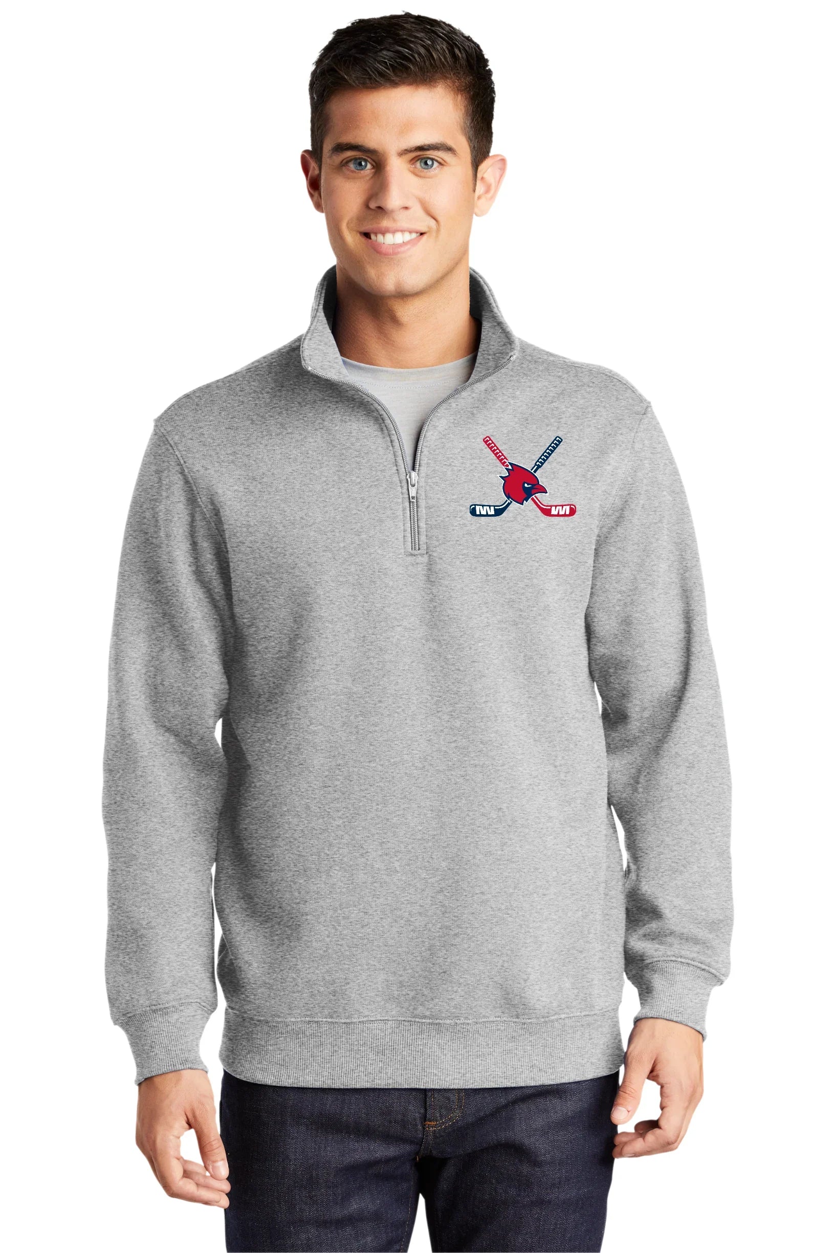 Thomas Worthington “Cardinal + Hockey Sticks” Embroidered Men's Quarter Zip Sweatshirt - Varsity92