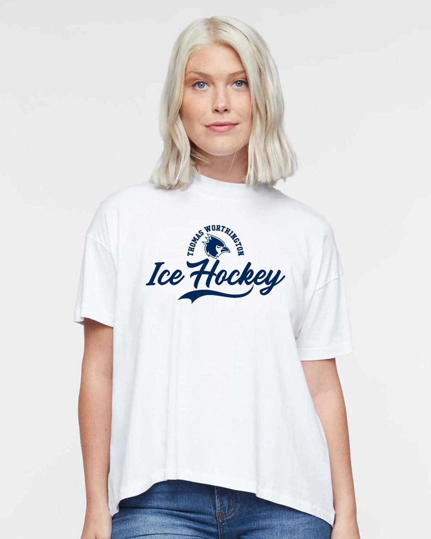 "Thomas Worthington Ice Hockey" Script Hi-Lo Women's Relaxed Tee - Varsity92