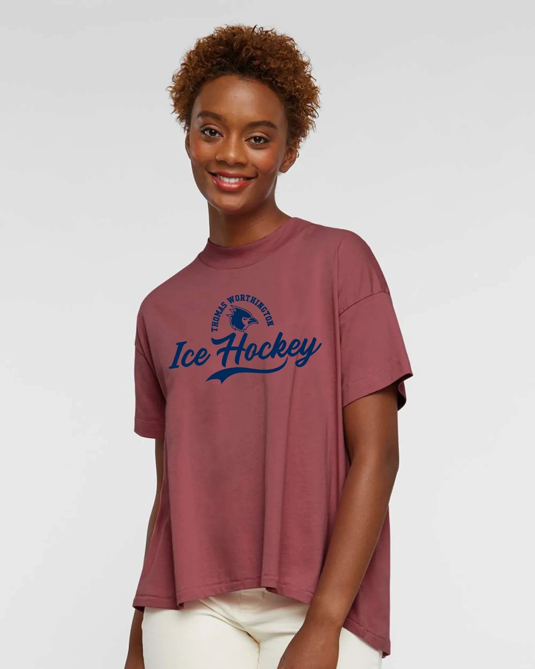 "Thomas Worthington Ice Hockey" Script Hi-Lo Women's Relaxed Tee - Varsity92