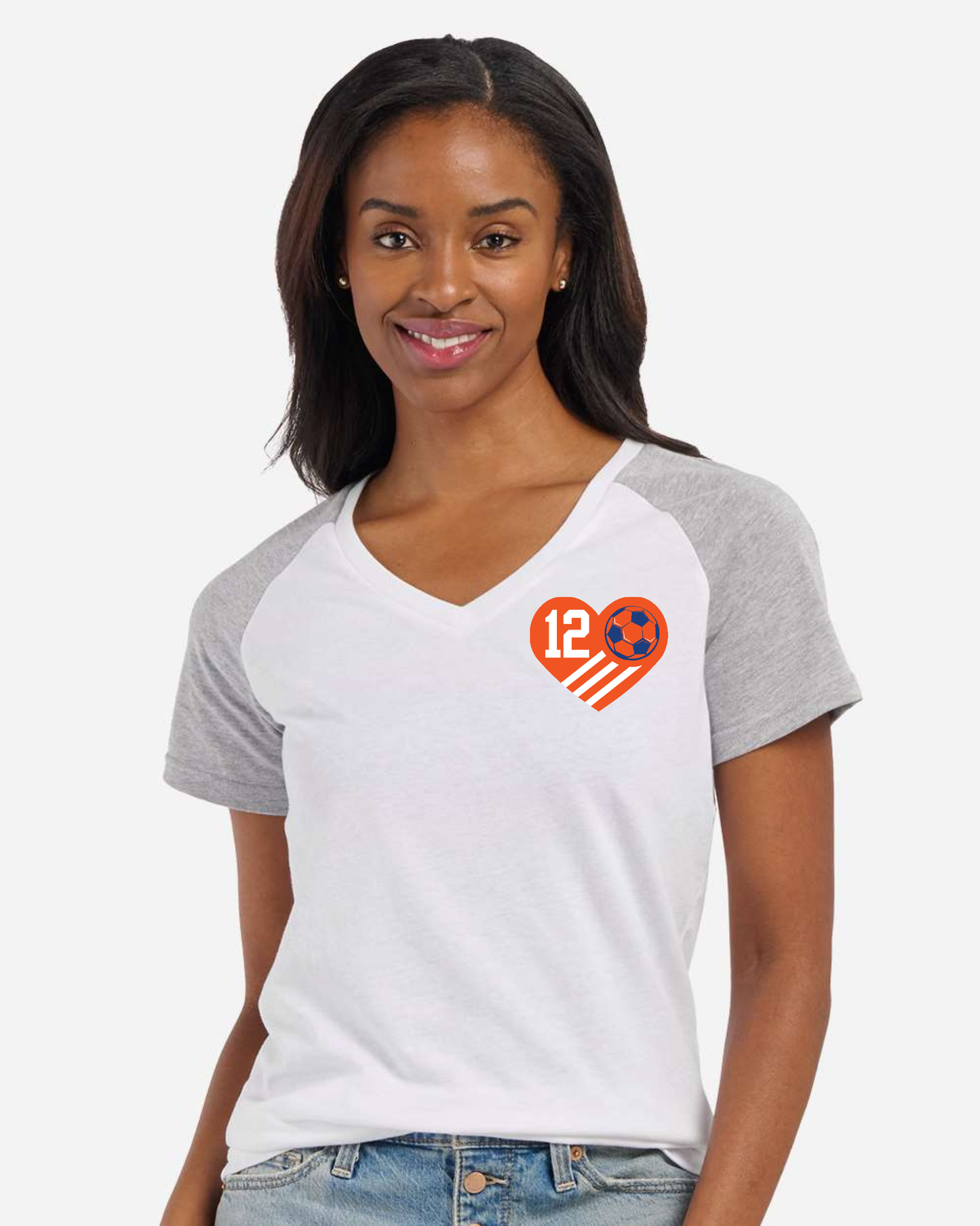 "Orange Boys Soccer Senior Mom" Personalized V-Neck Tee