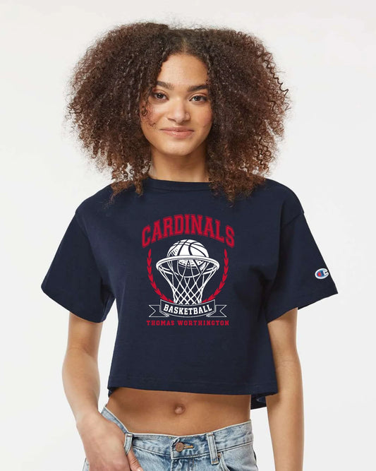 "Cardinals Basketball" Thomas Worthington Champion Boxy Fit Crop Tee - Varsity92