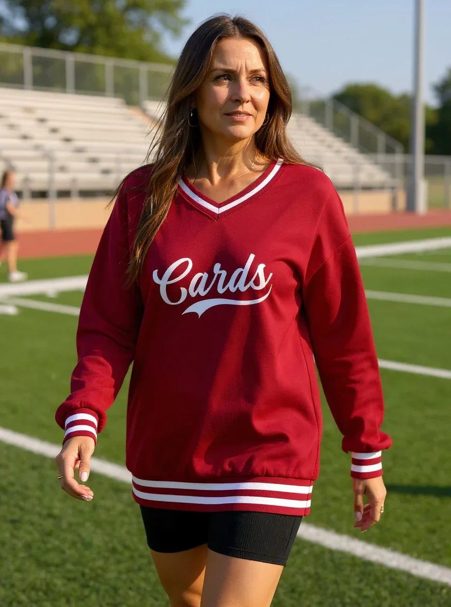 “Cards” Women's Striped V-Neck Sweatshirt - Varsity92