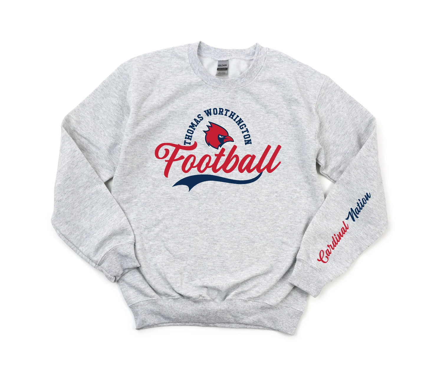 “Thomas Worthington Football" Script with "Cardinal Nation" Sleeve Unisex Crew Sweatshirt (youth sizes available)