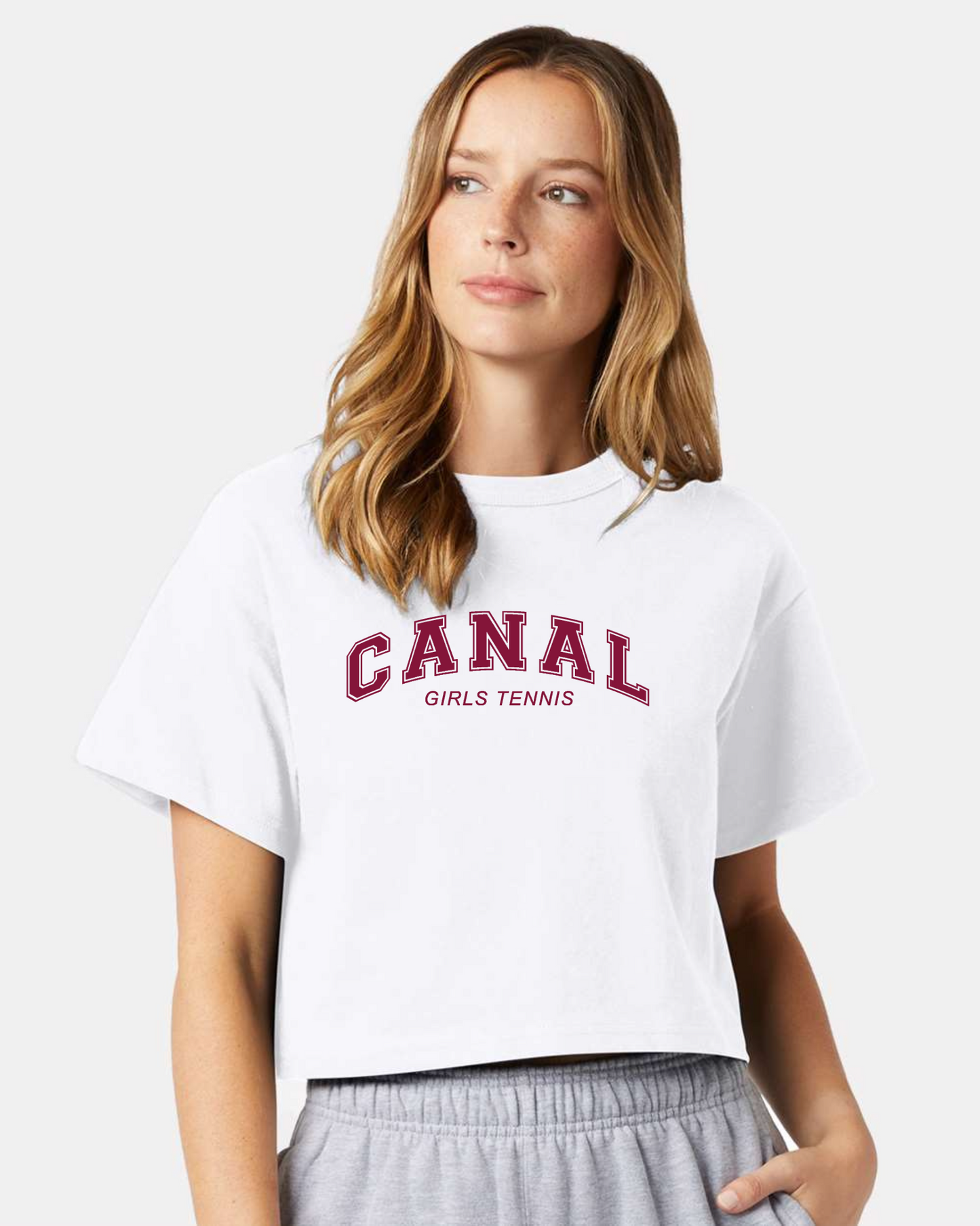 "Canal Girls Tennis" Women's Champion® Boxy Fit Crop Tee