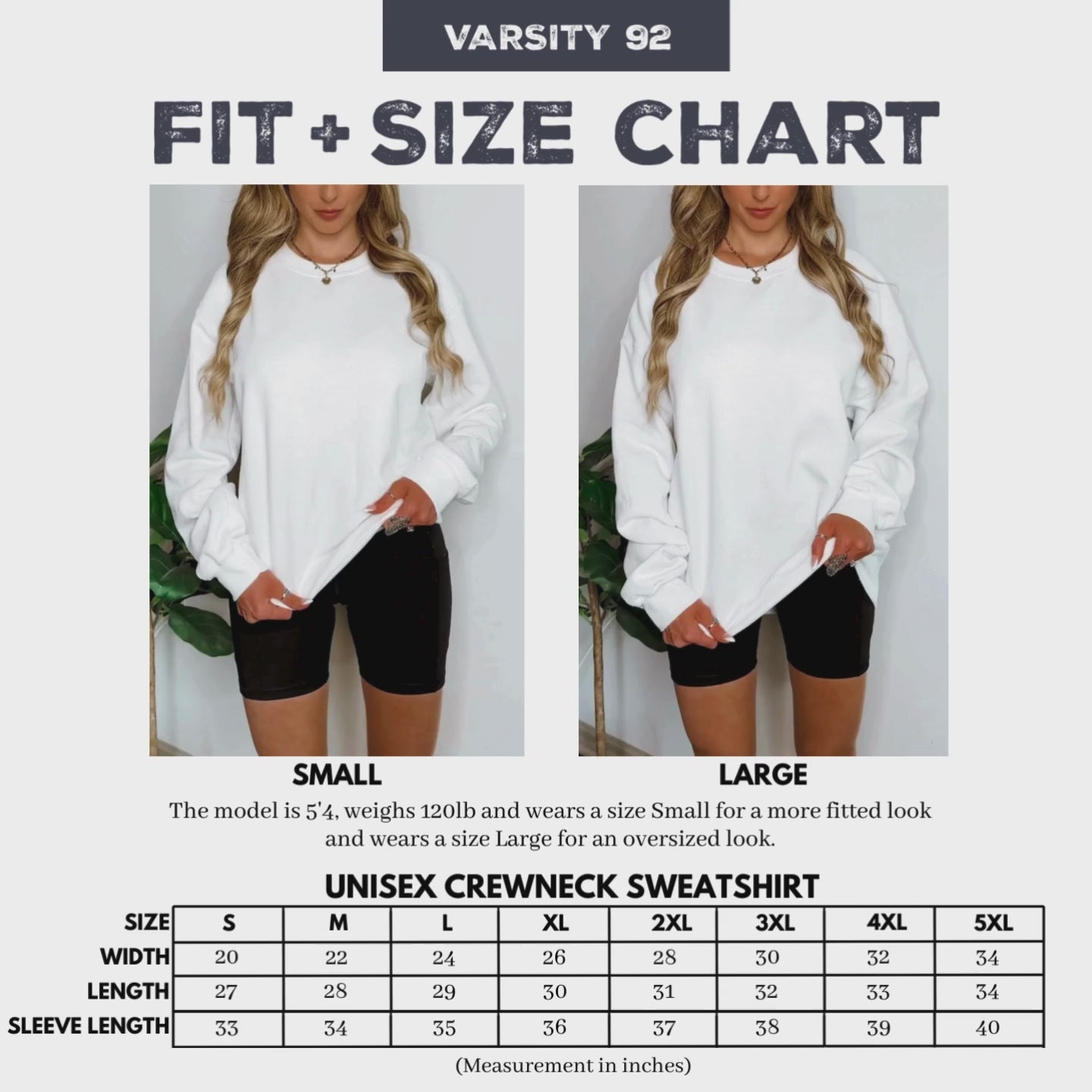 Varsity92 Sizing Chart